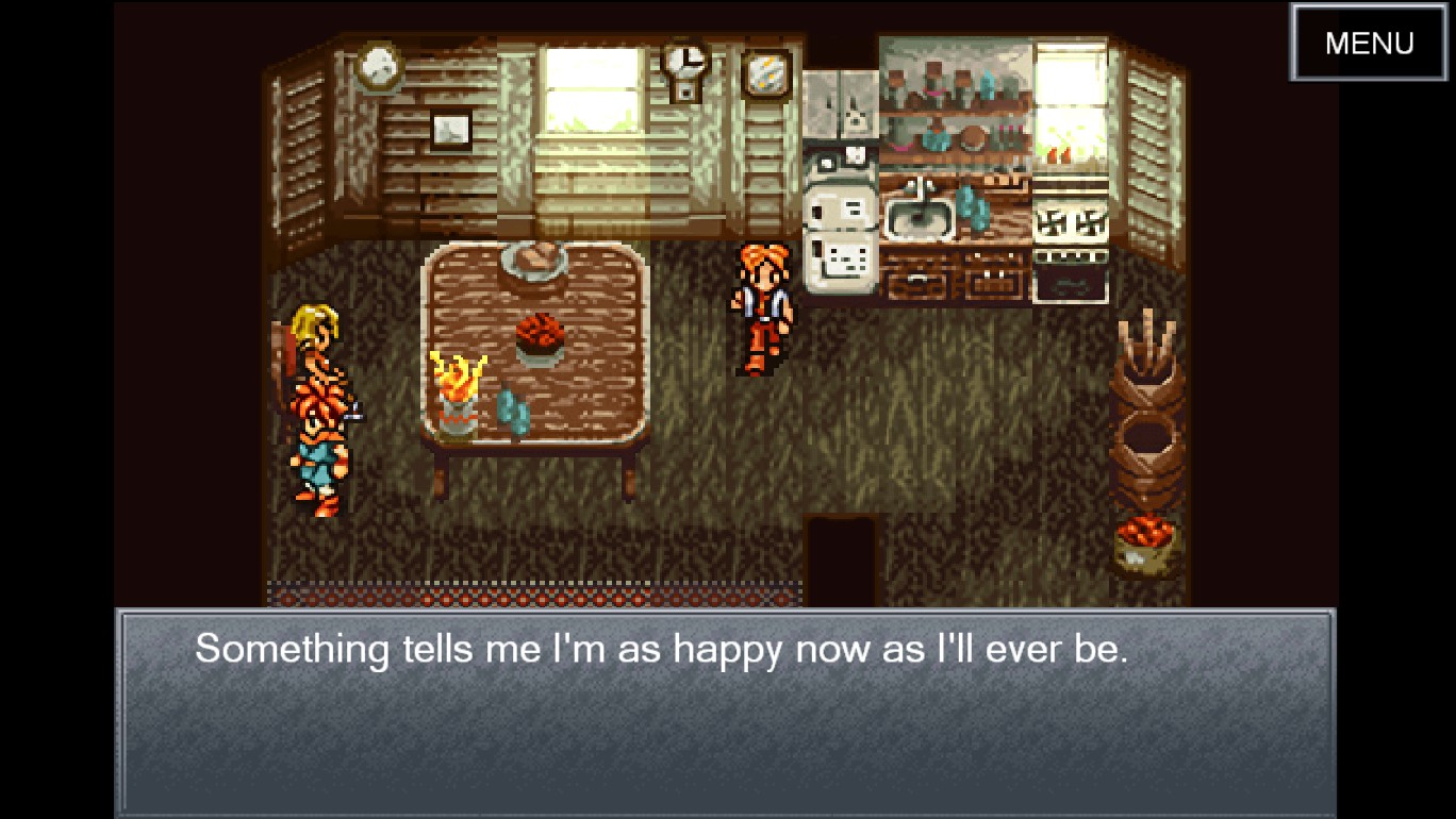 An image of from the PC port of chrono trigger. The graphics are blurry and the text looks out of place.