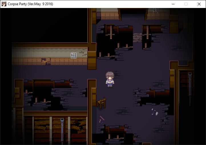 A screenshot of Corpse Party. A schoolgirl walks in a dilapidated school.