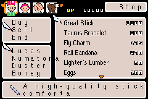 A work in progress image of the  English fan translation of the game Mother 3. A shop menu is shown. The english characters are awkwardly spaced out. For example, for the item *Great Stick* the description reads "A h i g h - q u a l i t y s t i c k c o m f o r t a"