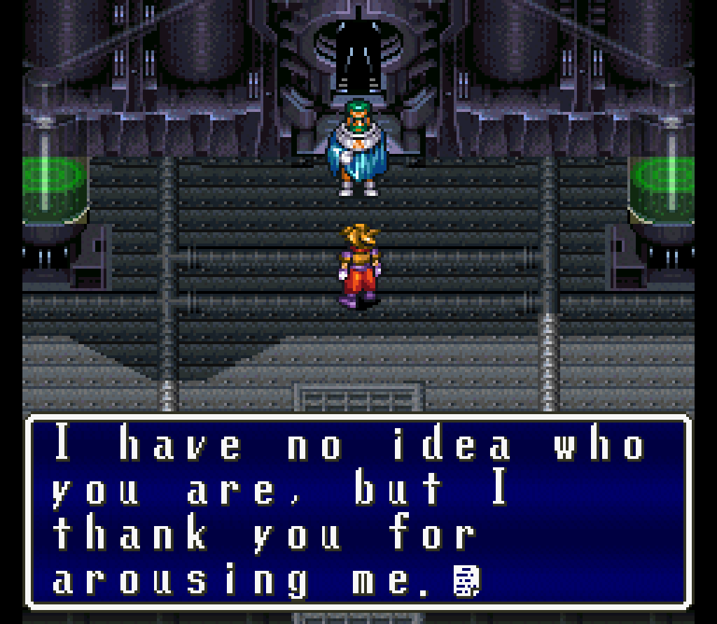 A older man in blue stands before the protagonist of the game Terranigma in a futuristic setting. The dialog reads "I have no idea who you are, but I thank you for arousing me." The individual characters are spaced far apart