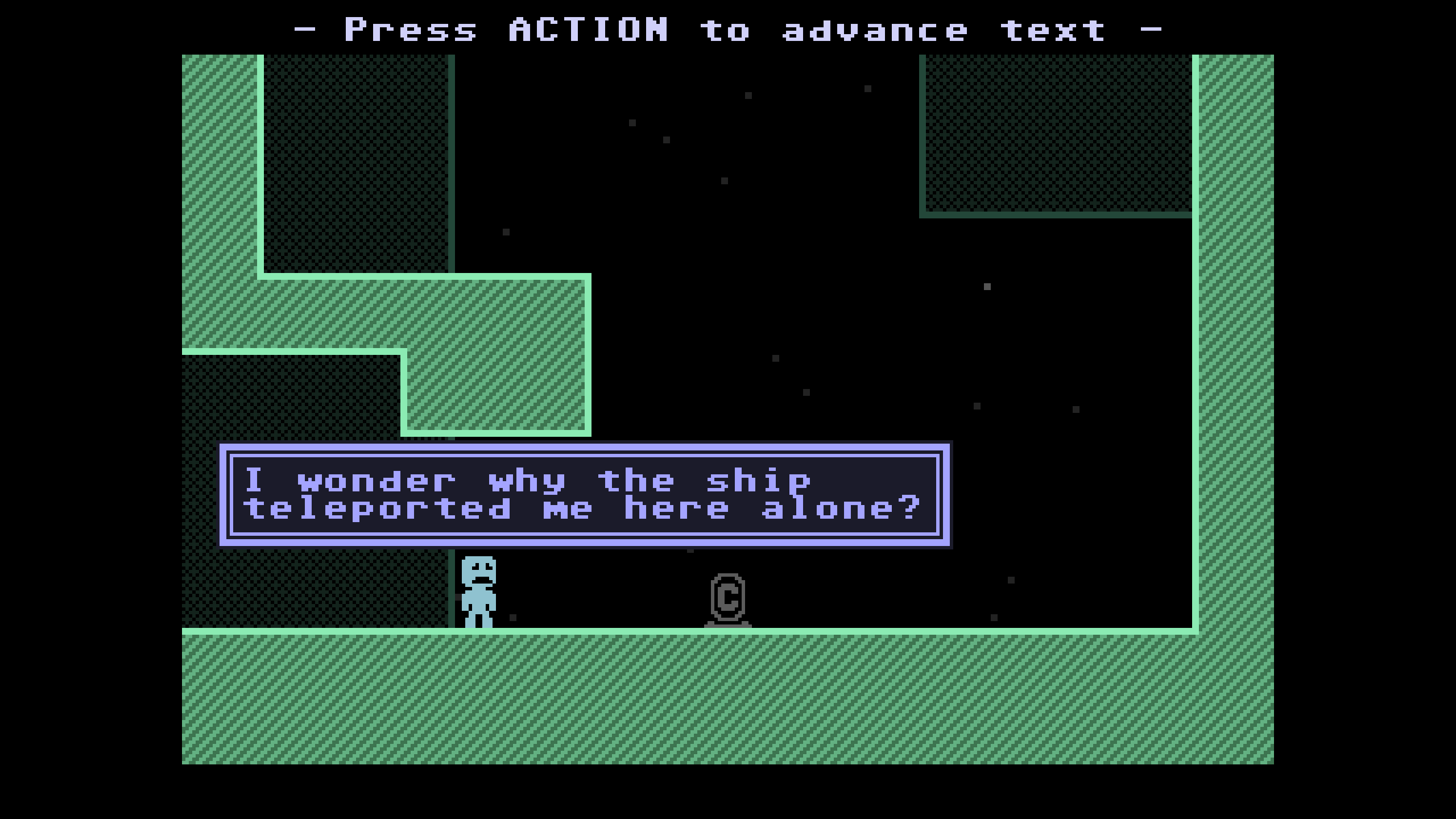 A screenshot of VVVVVV. A sad alien guy with a boxy head asks: "I wonder why the ship teleported me here alone?"